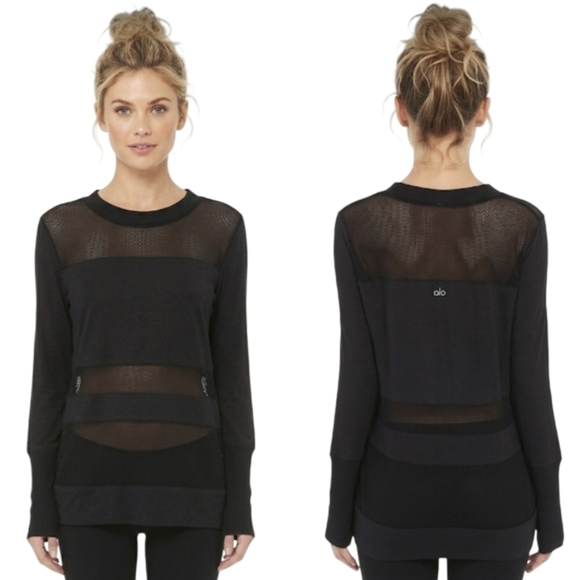 ALO Yoga Tops - Alo Yoga Plank Mesh Long Sleeve Medium Black Fish Net Ribbed Sleeve Cuff
